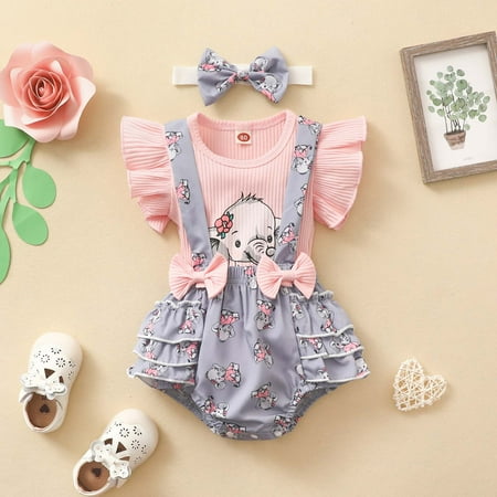 

QISIWOLE Toddler Baby Girls Ribbed Sleeveless Top Cartoon Print Dress Headwear Clothes Suit Deals