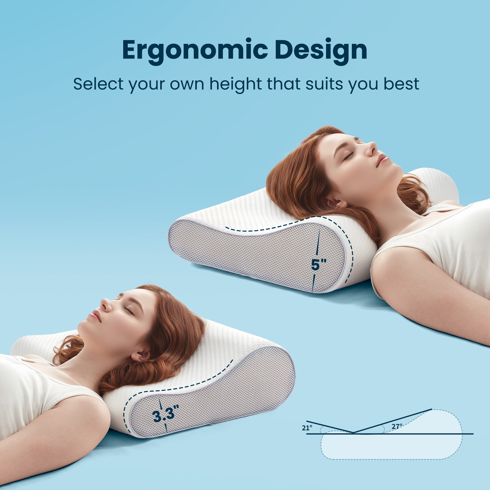 Sleep Zone Standard Memory Foam Pillow, Ergonomic Adjustable Orthopedic Contour Bed Pillows Neck Support for Side and Back Sleepers, White