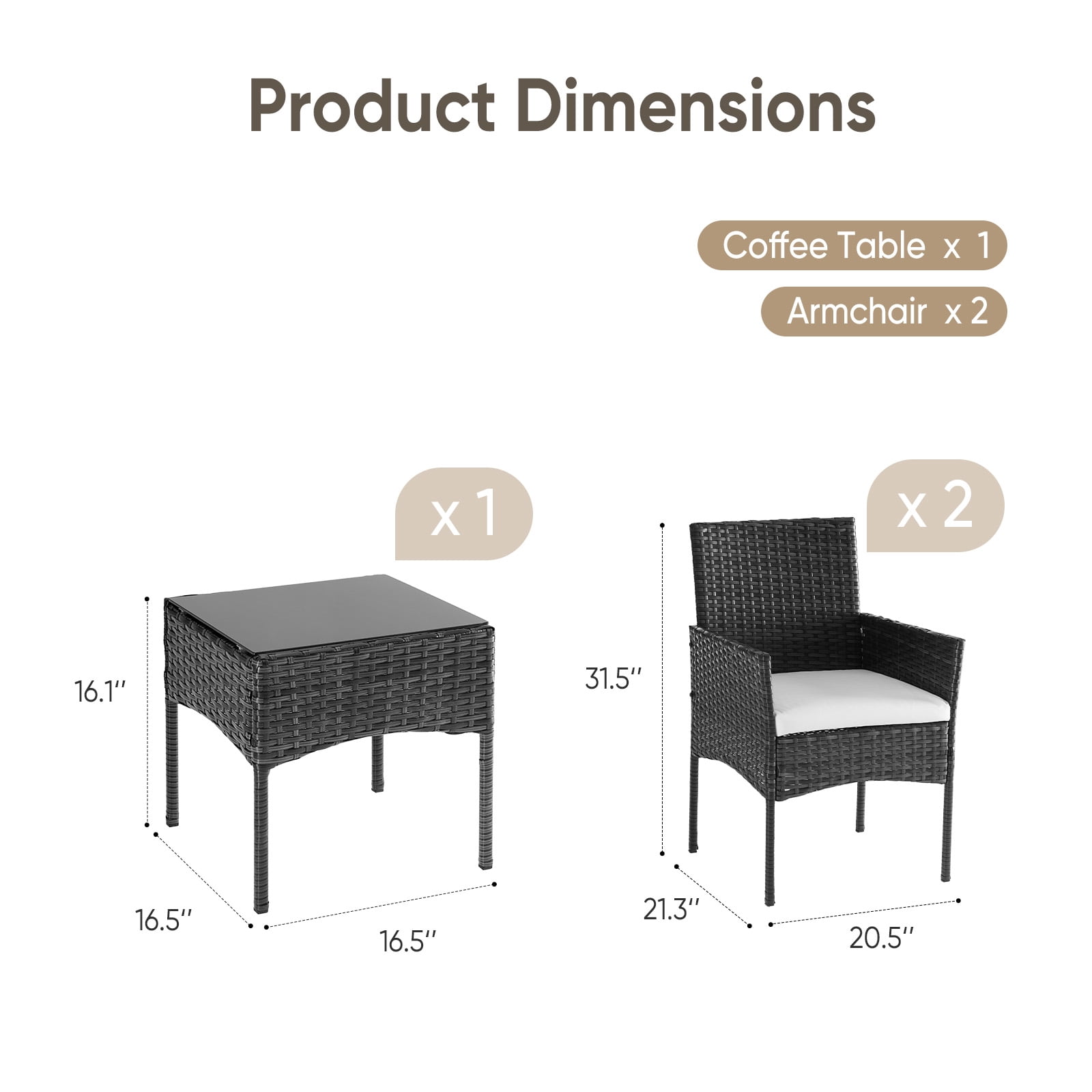 Patio Porch Furniture Sets 3 Pieces PE Rattan Wicker Chairs with Table Outdoor Garden Conversation Set with Removable Cushions, Black
