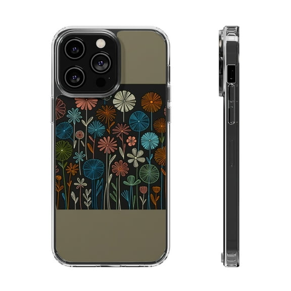 DistinctInk Hybrid (Acrylic / TPU) Clear Slim Fit Case for Apple iPhone 13 Pro (6.1" Screen) - "Vibrant Spring Blooms in Cartoon Style"