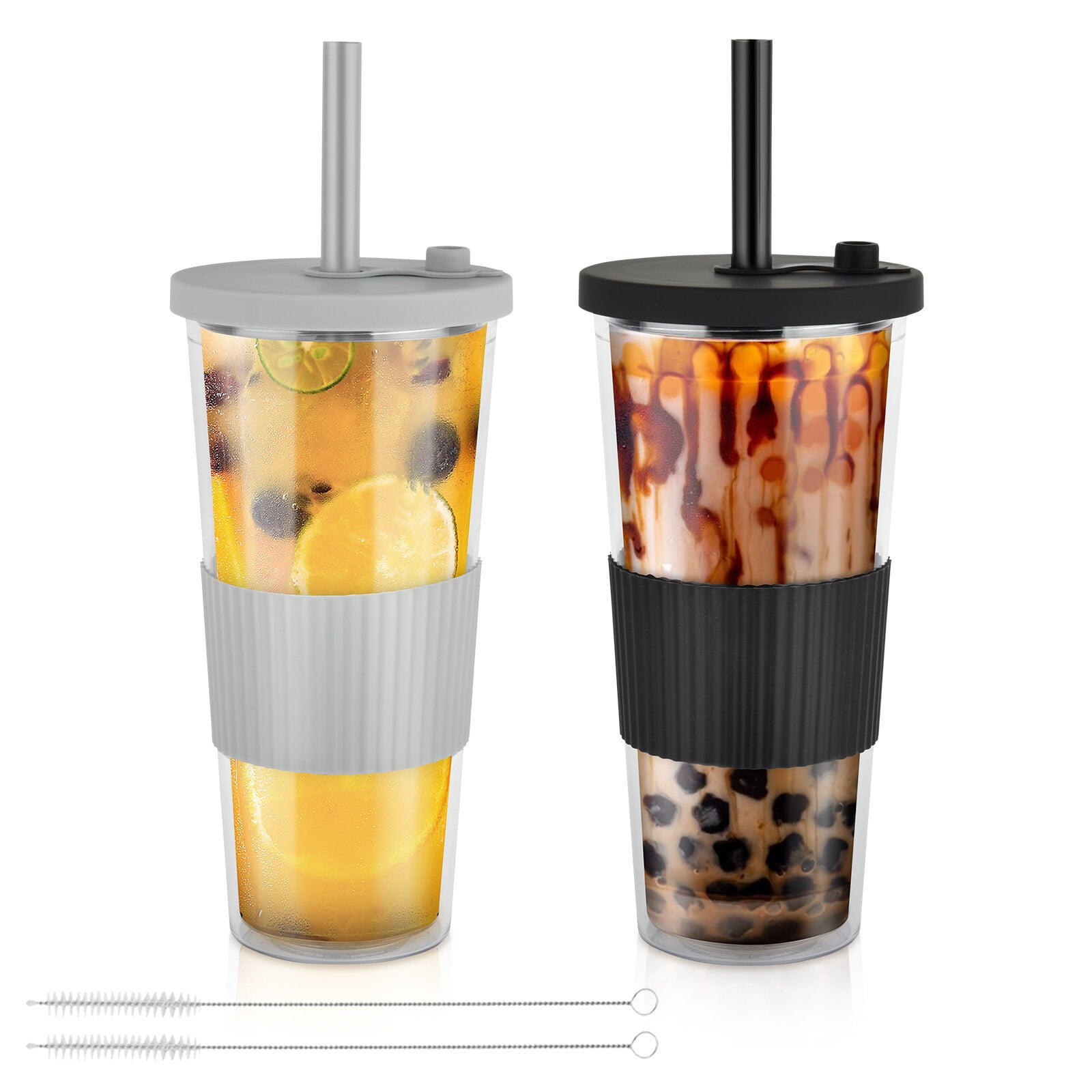 Reusable Boba Cup with Lids & Straw 2 Pack 24oz Clear Tumbler Iced