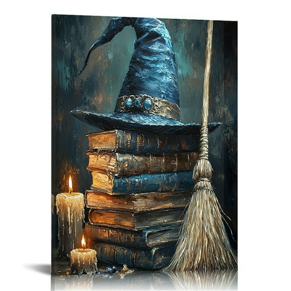 Vintage Halloween Witch Hat Canvas Wall Art Painting，Gothic Print Pictures for Home Wall Decor Retro Horror Creepy Dark Posters for Living Room Bedroom Bar Home Halloween Party Decor Framed ﻿