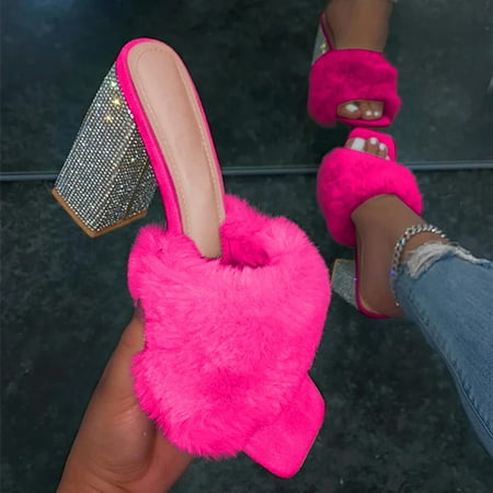 

YTJX Women Fashion Rhinestone Square Toe Hairy High Heel Sandals And Slippers