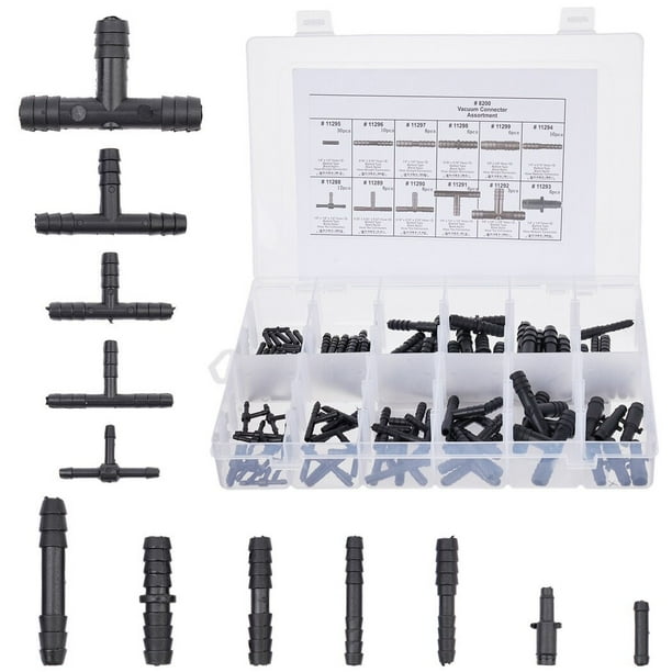 Kit surtido de conectores de vacío de 113 piezas, kit de accesorios de manguera de vacío automotriz de nailon tipo púas negras de 12 tamaños, que incluye conectores en T de manguera, conectores reduct