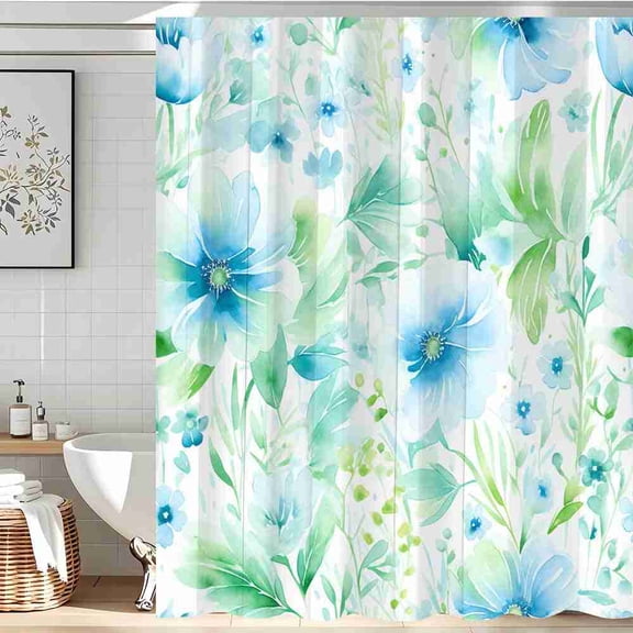 70x70 inch Blue and Green Watercolor Floral Shower Curtain, Waterproof Polyester Fabric with Hooks for Bathroom Decor