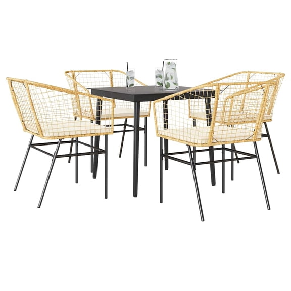 vidaXL 5 Piece Patio Dining Set with Cushions Brown Poly Rattan Glass