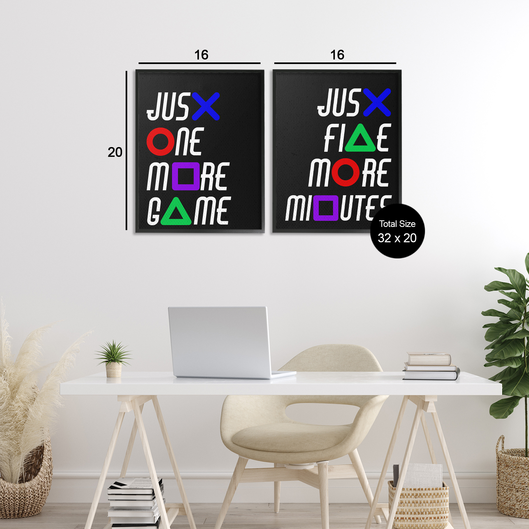 Gamer Button Symbols Phrases 2 Piece Black Framed Giclee Art Set, design by Kim Allen