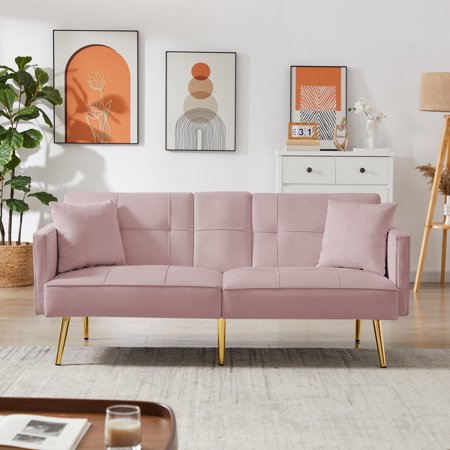 HNGMTON Pink Velvet Futon Sofa Bed with Gold Metal Legs