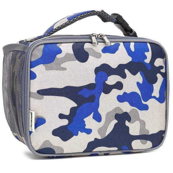 Lunch Box for Kids Boys Girls Men Women, Insulated Lunch Bag with Buckle Handle for School Work Picnic Travel, Reusable Leakproof Lunchbox Cooler - Blue Camo