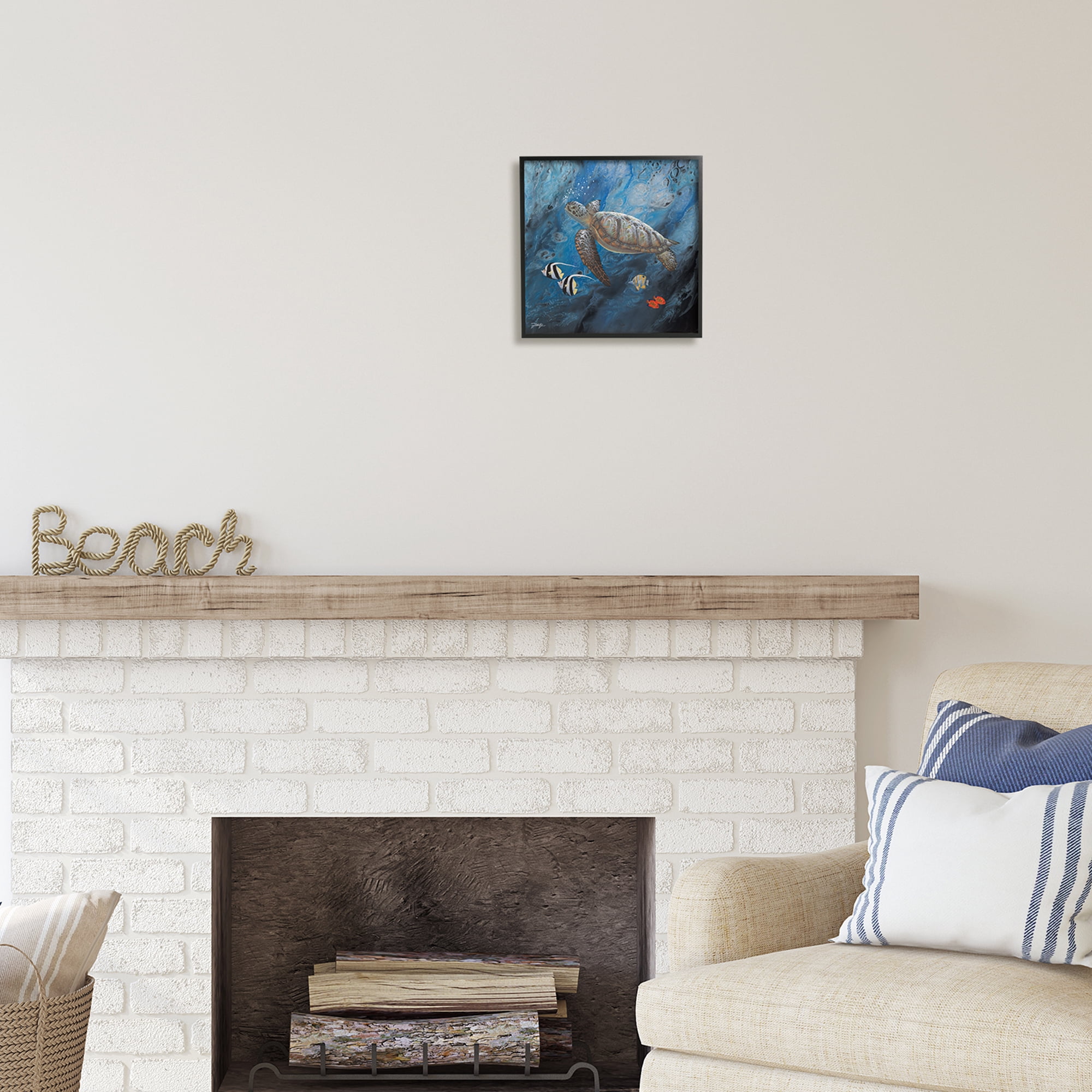 Stupell Industries Turtle Sea Life Underwater Ripples Coastal Painting Black Framed Art Print Wall Art