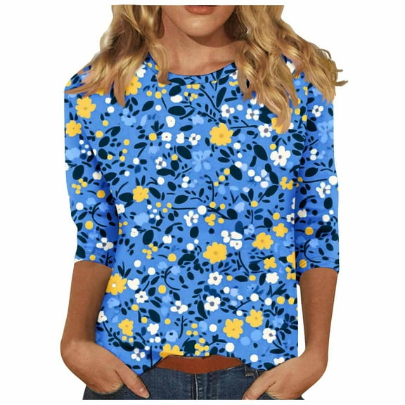 CYMMPU Loose Fit Round Neck Spring Tops Blouses for Women Dressy Casual Tunic Tops Flower Printed Fall Trendy Shirts 3/4 Sleeve Lightweight Basic Tees Multicolor M