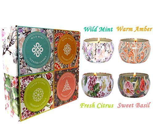 Sweet Basil Wild Mint Warm Amber Big Aromatherapy Scented Candles Essential Oils Natural Soy Wax Portable Travel Tin Candle Set of 4 Gift Huge 6 Ounce tins 140 Hour Burn Long Lasting Fresh Citrus
