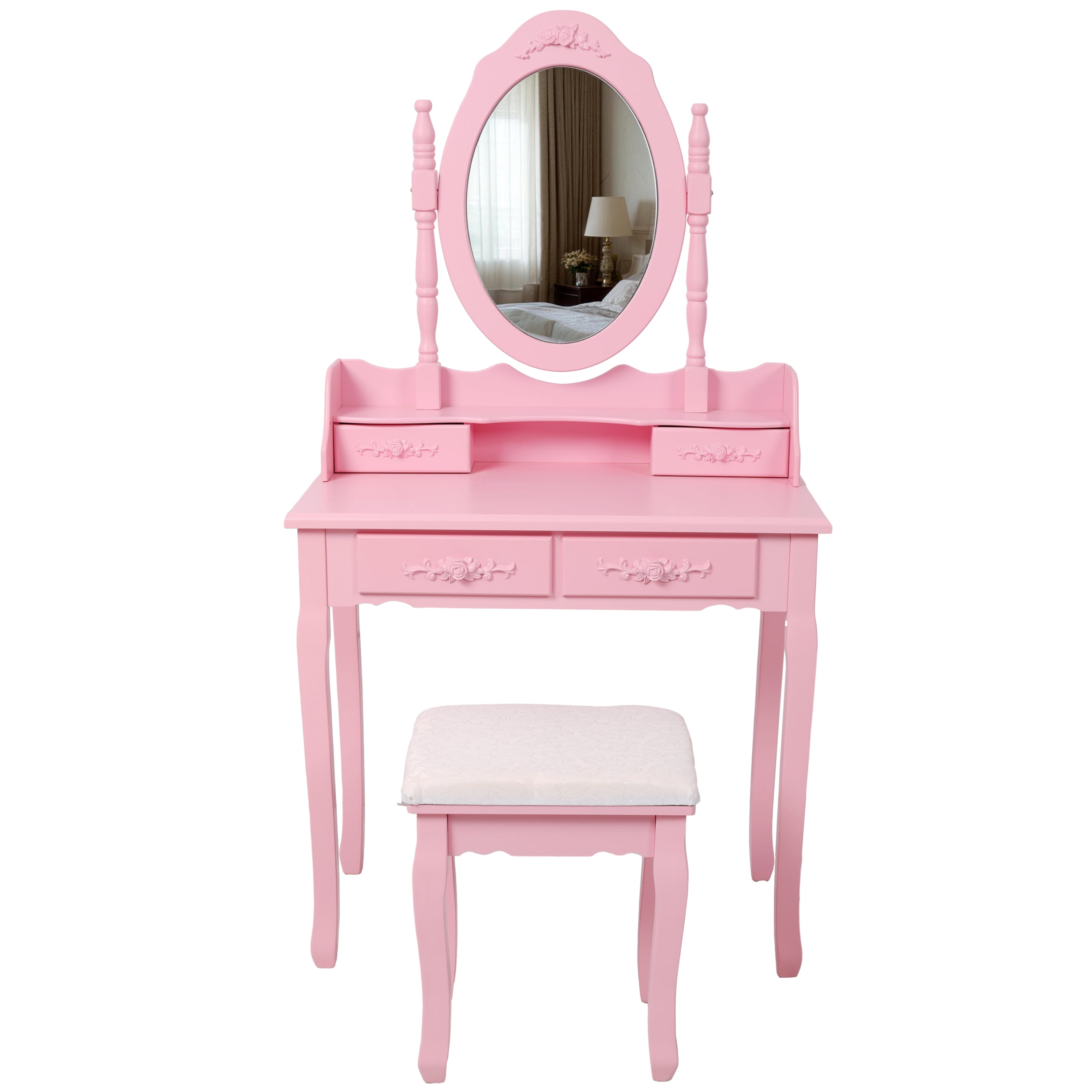 Makeup Vanity, Vanity Desk for Girls, Princess Vanity Pink with 360 Degree Rotating Mirror 4 Drawers Large Tabletop Includes Cushioned Multi Purpose Stool, Pink