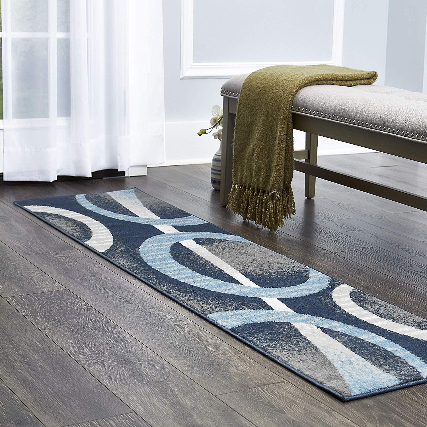 Blue Circles Modern 2x7 Area Rug Contemporary Runner Runner Carpet Rugs - Actual Size 1'9" x 7'2"