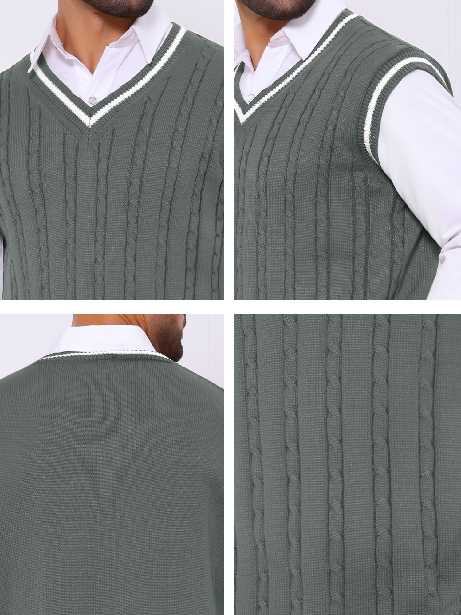 DARING DIVA Men's Solid Color V-Neck Sleeveless Cable Knitted Sweater Vest M Dark Gray