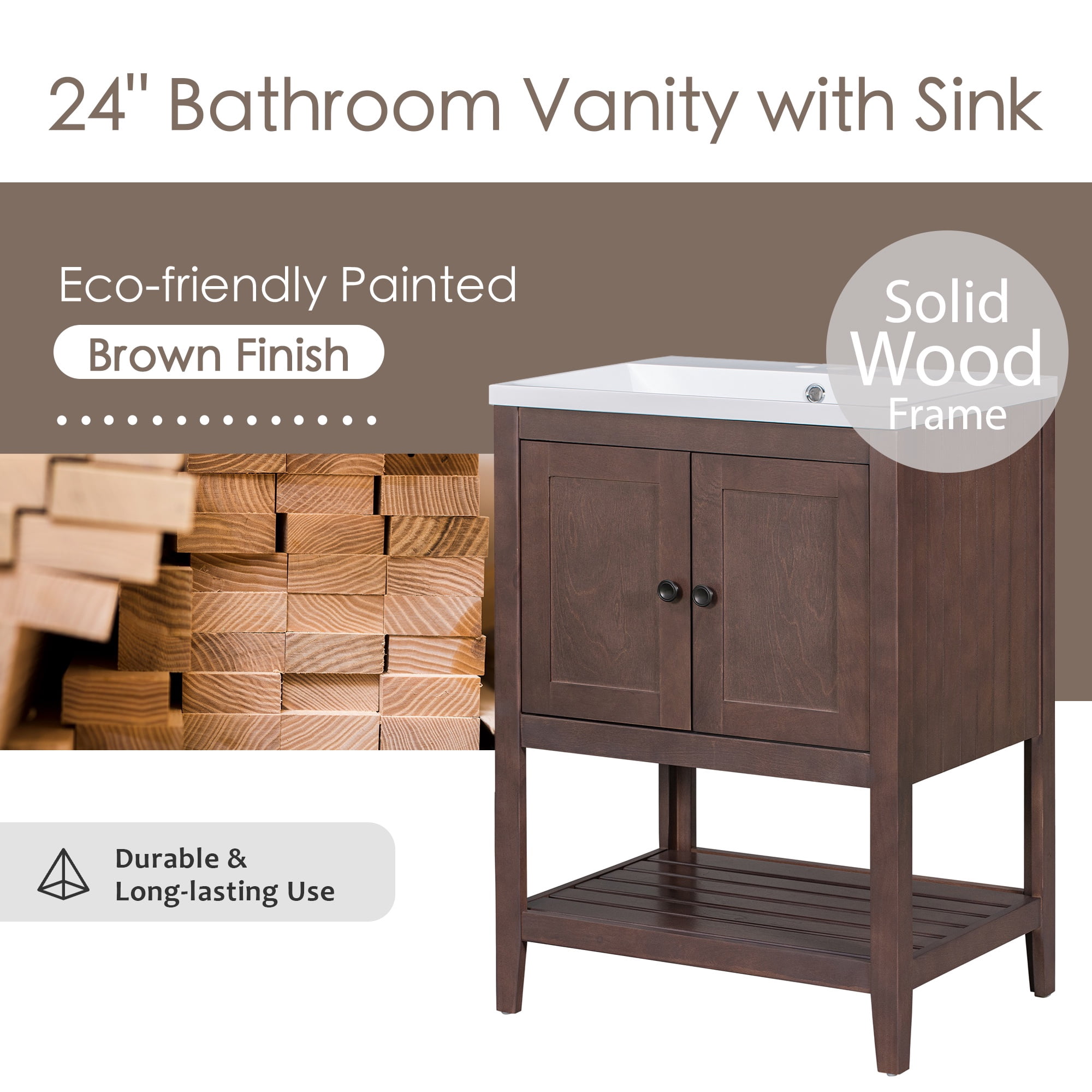 PORKISS 24" Bathroom Vanity with Ceramic Sink, Wood Bathroom Cabinet Vanity with Doors and Open Shelf, Freestanding Bathroom Storage Cabinet with Solid Wood Frame, Brown