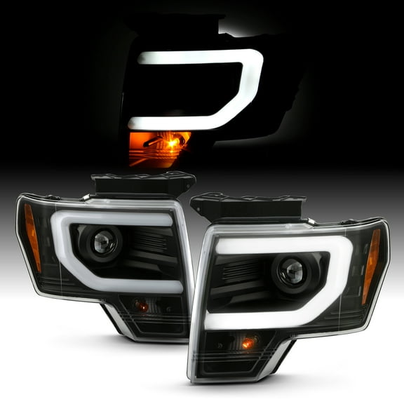 AKKON - Fits 2013-2014 Ford F-150 HID/Xenon Type Projector Black Headlights w/ LED Tube Bar Running Parking Lamp Pair Left Right