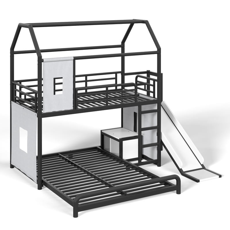 Twin over Full Metal Bunk Bed with Slide, Ladder, LED Light Strip, Privacy Curtain, Movable Storage Cabinet & Hanging Rod, House Shaped Kids Bunk Bed