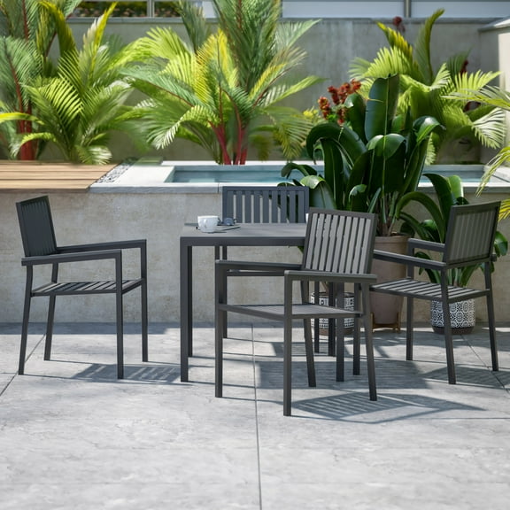 BizChair 5 Piece Commercial Indoor/Outdoor Table and Chairs with Black Poly Resin Slatted Backs and Seats