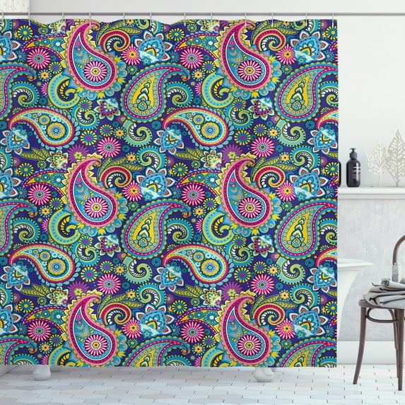 Ambesonne Navy and Blush Shower Curtain, Vintage Paisley, 69"Wx84"L, Pink Blue Yellow