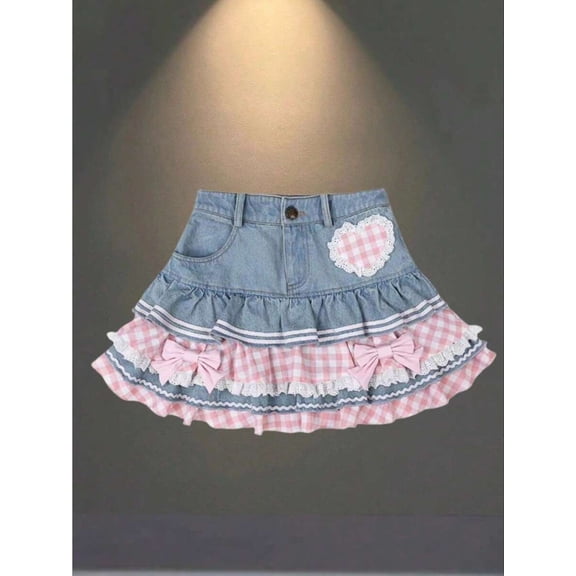 Blue Denim Tiered Ruffle Skirt With Pink Gingham Bow Detail