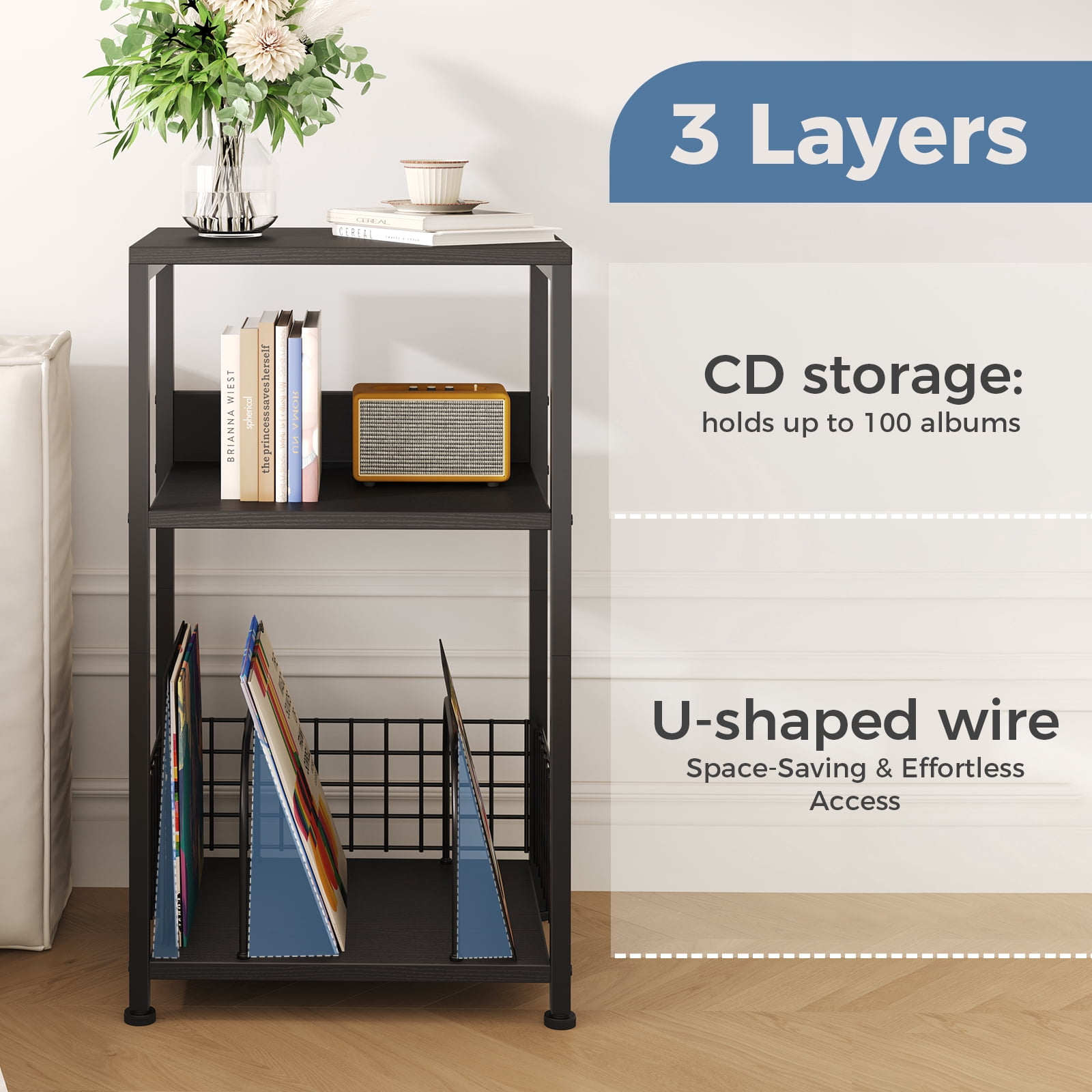 CONCETTA Record Player Stand, 3 Tier Turntable Table with Vinyl Storage for up to 100 Albums, End Side Table for Living Room Bedroom
