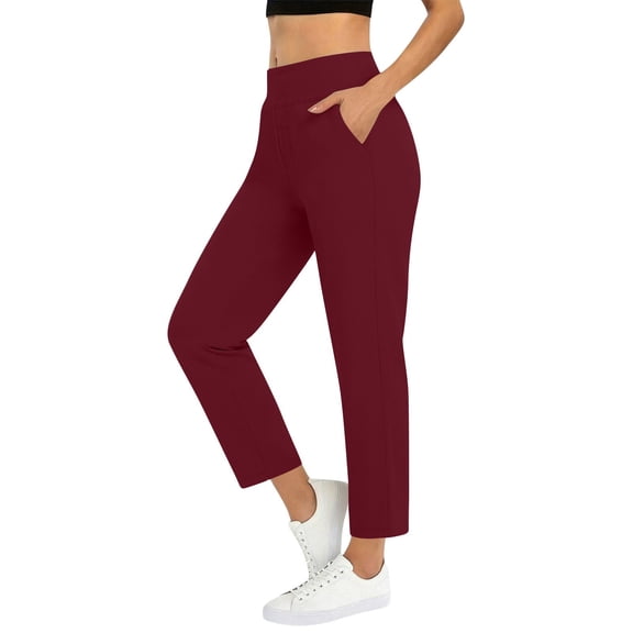 Lamiy Work Pants Womens Golf Pants Stretch High Waist Cropped Dress Pants with Pockets for Yoga Business Travel Casual,Red,XL