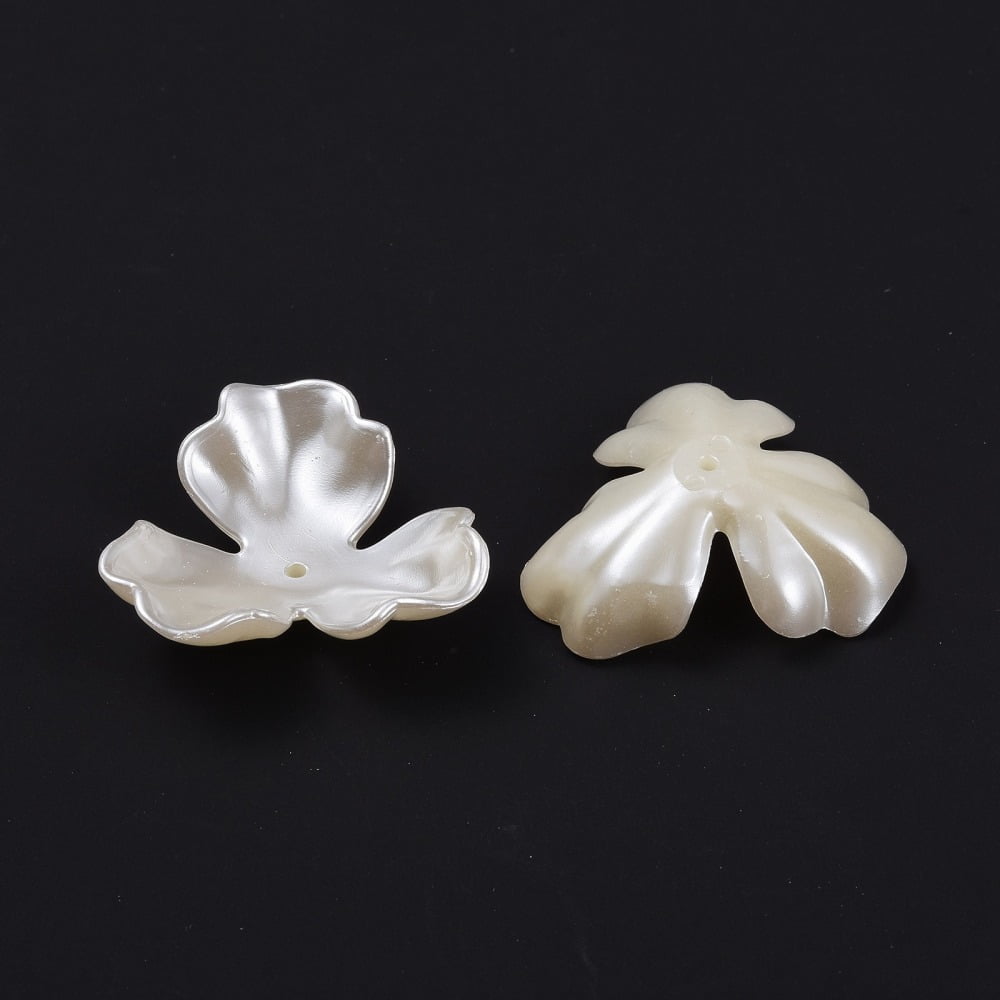 3-Petal Flower Plastic Imitation Pearl Bead Caps Creamy White Hole: 2mm Plastic 35x38x12mm