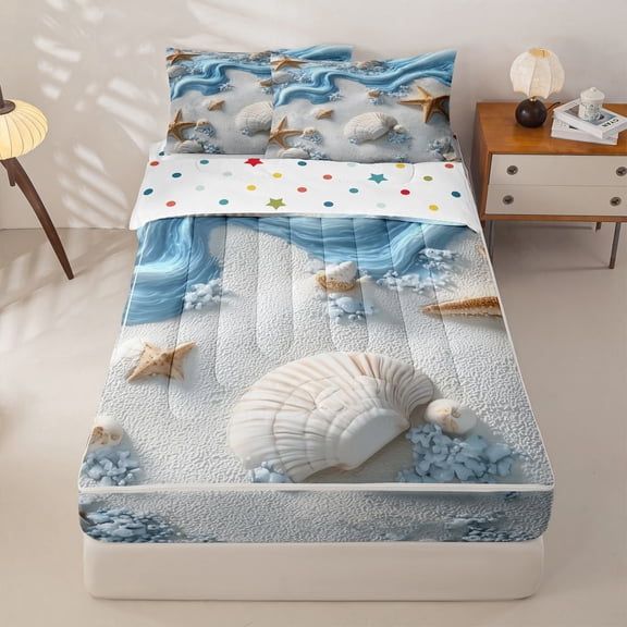 Manfei 3D Beach Seashell Starfish Zipper Twin Comforter Sets with Fitted Sheet and 2 Pillowcases for Kids Boys and Girls, Coastal Life Print Zipper Bedding Set, Polka Dots Reversible, 4 Pieces