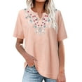 thumbnail image 2 of YI YI Women Cotton Linen Embroidered Tops Causal Summer Short Sleeve Oversized T Shirts V Neck Loose Blouses L Pink, 2 of 5