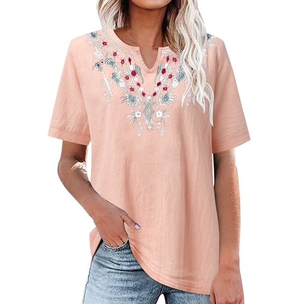 Puntoco 2024 Tops de verano para mujer, camisetas casuales de manga corta con cuello redondo, estampado floral, camisetas básicas, blusas