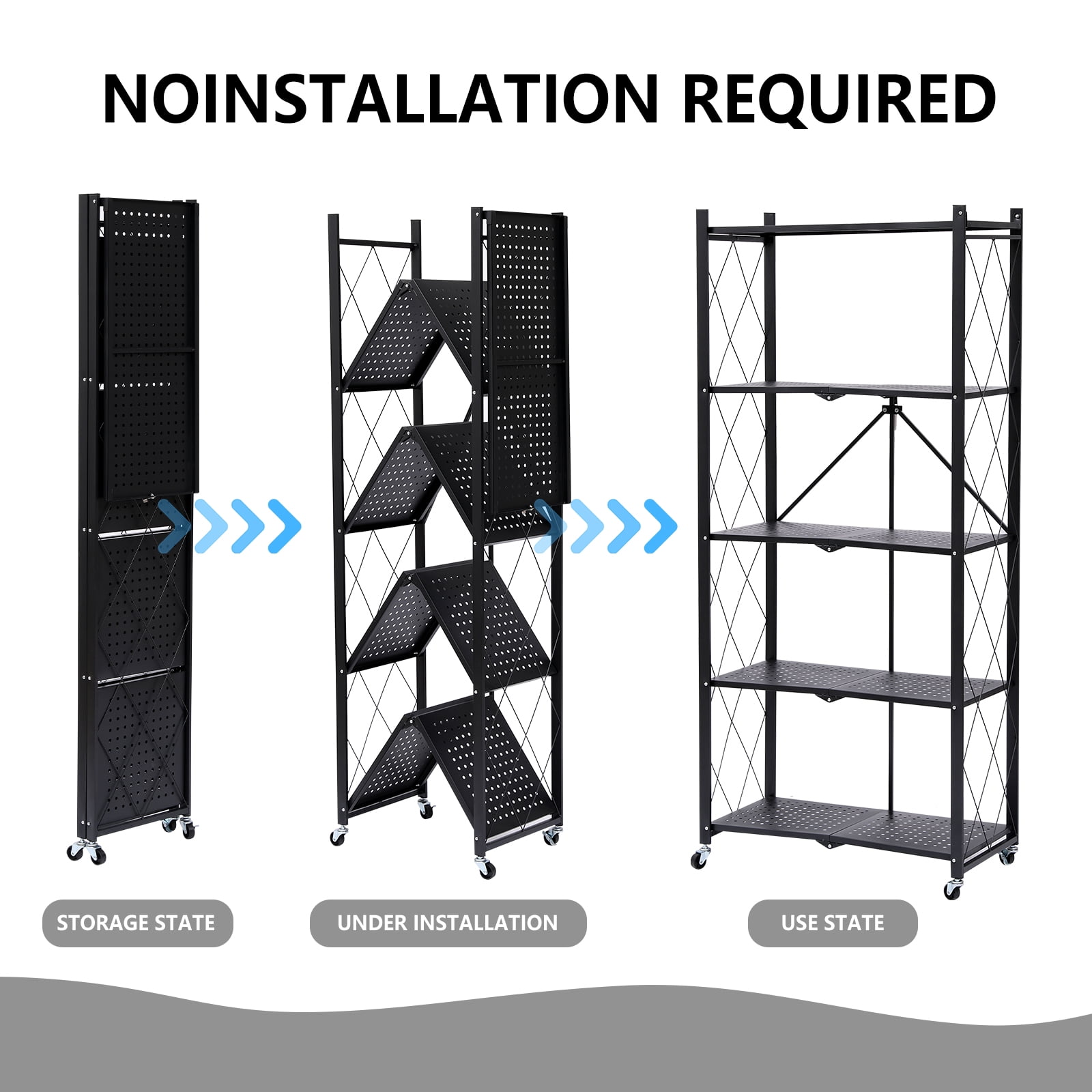 SUGIFT 5-Tier Foldable Metal Storage Shelf with Wheels, No Assembly, Heavy-Duty Organizer (750 lbs) for Home, Garage & Office, Black