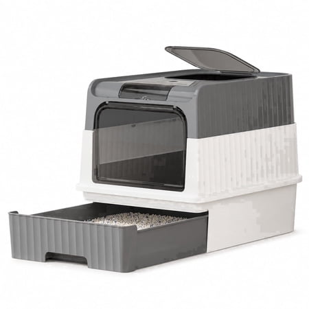 Large Enclosed Cat Litter Box with Lid and Pull-Out Drawer Gray