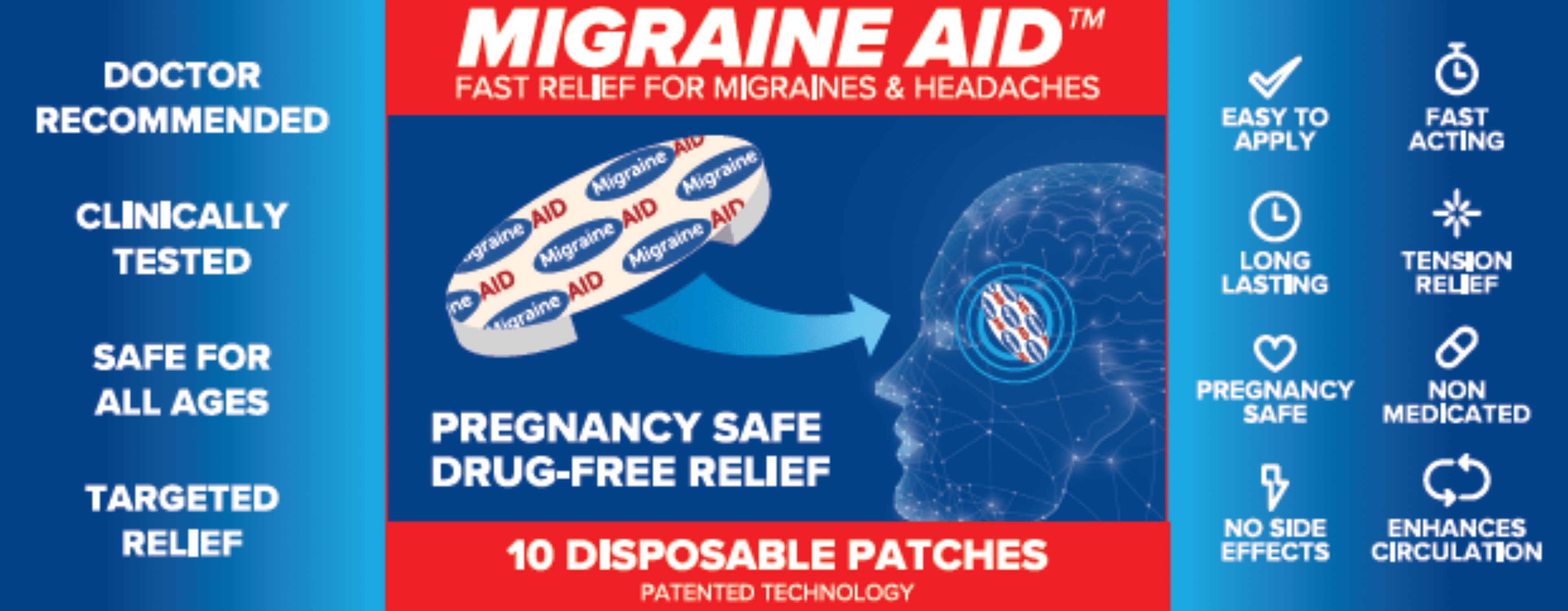 (4 pack) Made to AID Migraine Relief Therapeutic Medical Adhesive Patch with Instructions and Alcohol Wipes, 10 Count