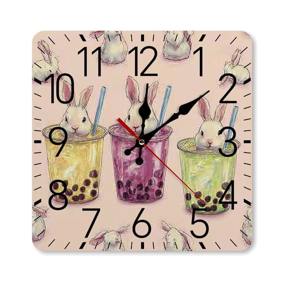 RKSupls 10×10inch Square Silent Wall Clock Wooden Frame, Bunny Bubble Tea Scale Decorative Clock for Home Bedroom Living Room Office