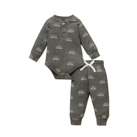 

Autumn 2Pcs Baby Outfits Sun Henley Neck Long Sleeve Romper Long Pants 0-18 Months
