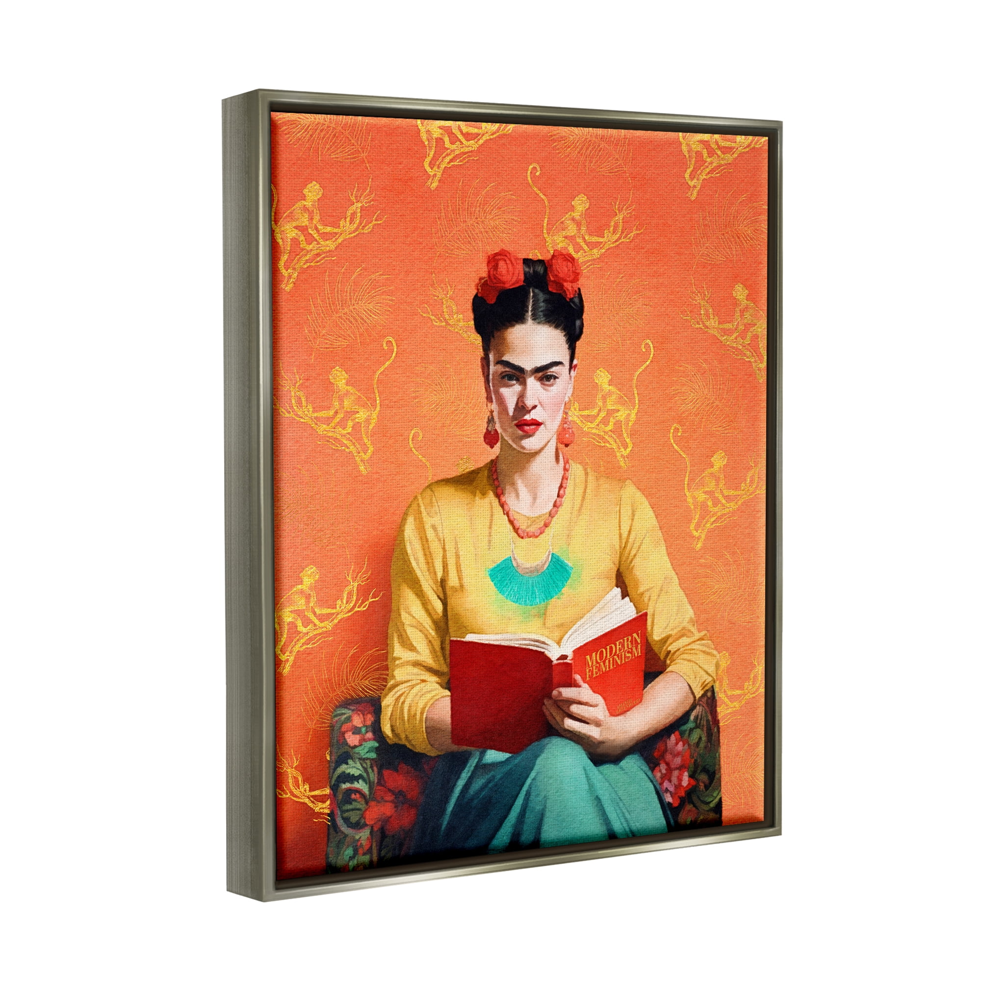 Stupell Industries Modern Frida Kahlo Literature & Flim Painting Gray Floater Framed Canvas Art Print Wall Art, 17 x 21