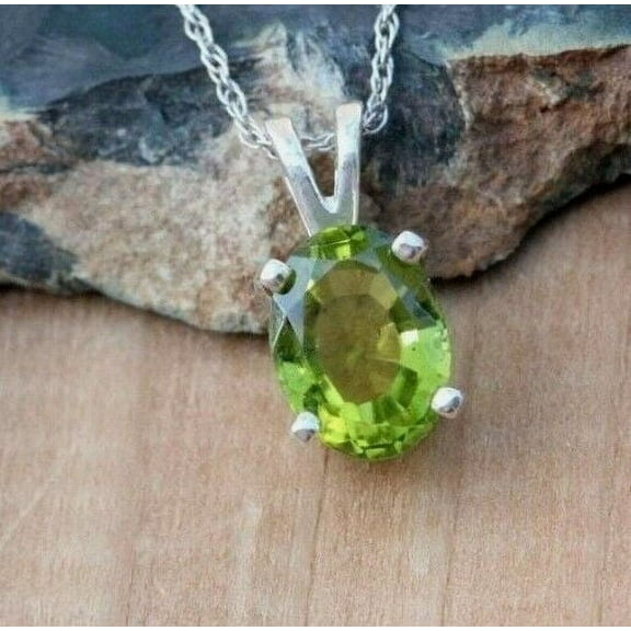 2Ct Lab Created Peridot Oval Cut Solitaire Pendant 14k White Gold Plated 18" Chain