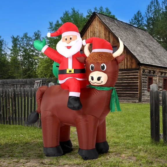 Wondiair 6FT Christmas Inflatable Santa Riding Highland Cow with LED Lights, Outdoor Blow Up Yard Decoration for Farmhouse, Lawn and Holiday Party