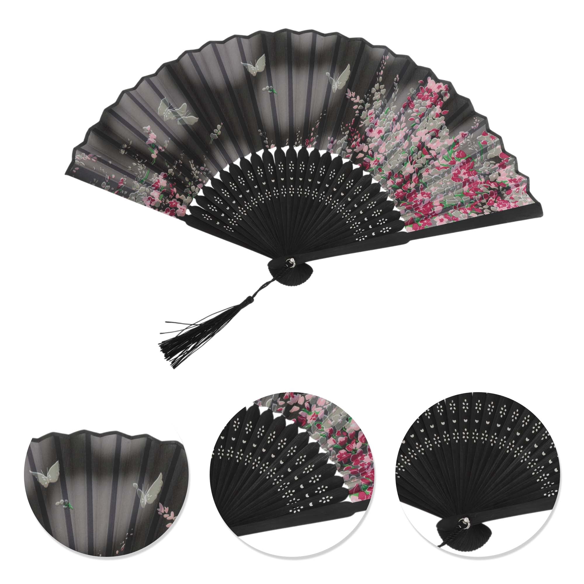 Unique Bargains Ancient Style Folding Fan Gray Black Dreamy Cherry Blossoms Butterflies