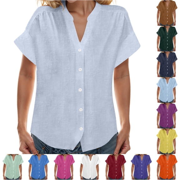 DHFJKG Button Up Shirts For Women Cotton Linen Short Sleeve V Neck Casual Blouses Summer Basic Tops