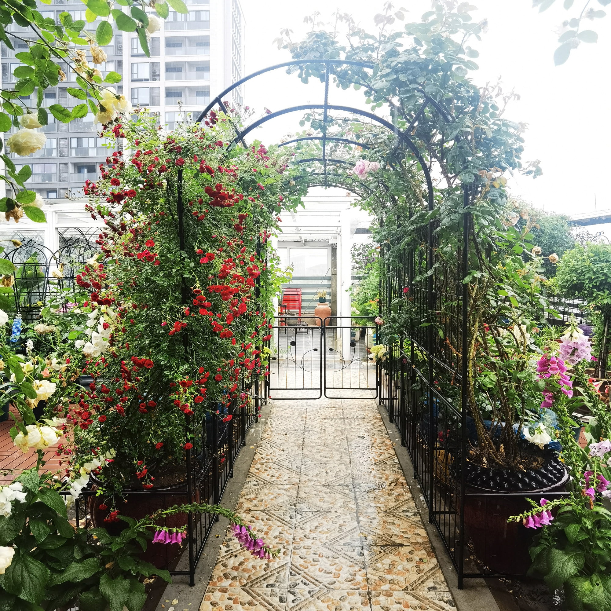 Metal Garden Arch with Plant Stands 79.5" Wide x 86.6" High Climbing Plants Support Rose Arch Outdoor Black