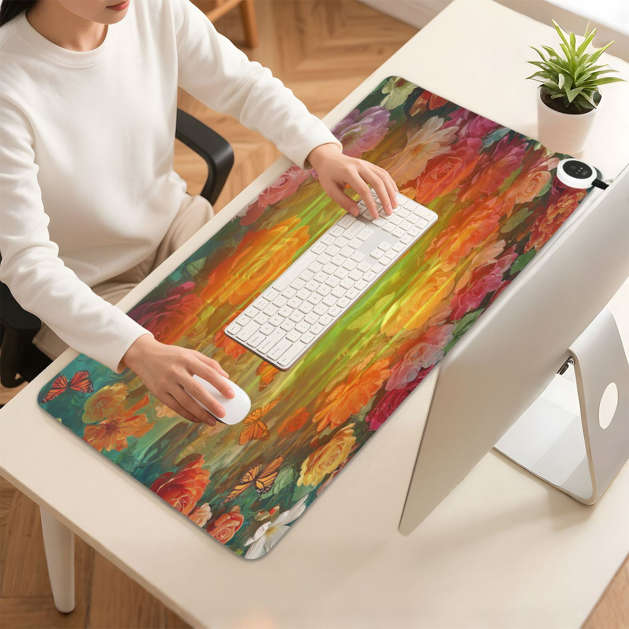 Large Heated Desk Mat Mouse Pad 31.5"x13"PU Leather Graphene Heating Desk Warmer with 3 Temperature Settings 110V US Plug Non-Slip Warm Pad for Home, Office, and Gaming Beautiful Flowers Of Colors