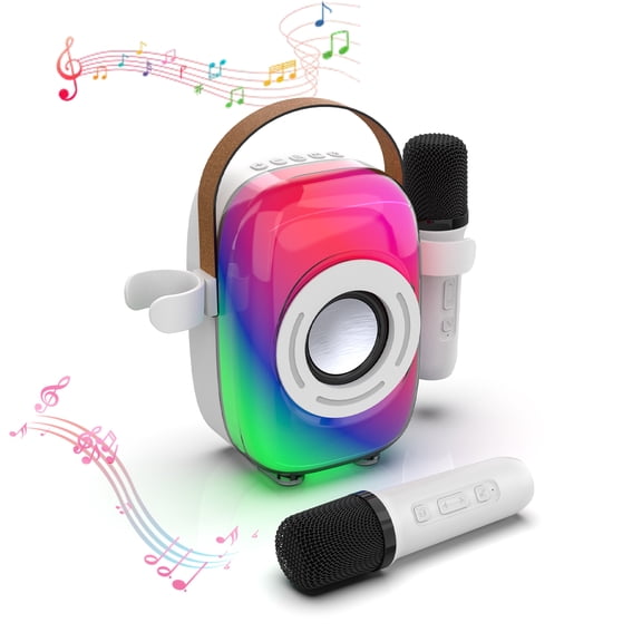 Jierben Kids Karaoke Machine for Party, 2 Wireless Mics, Mini Karaoke Machine, Bluetooth 5.0, LED Light Show, Eight Lighting & Four Voice Modes