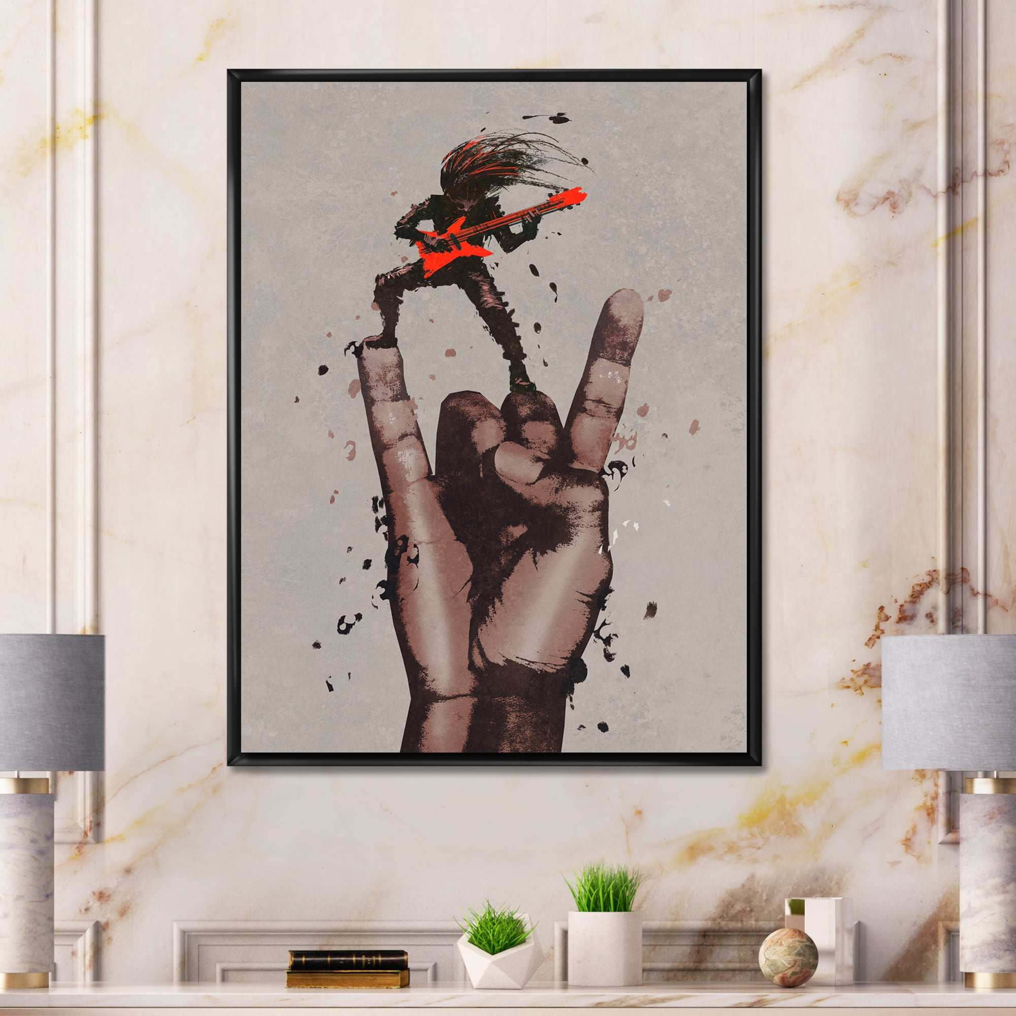 Designart 'The Guitarist On Rock and Roll Sign' Modern Framed Canvas Wall Art Print