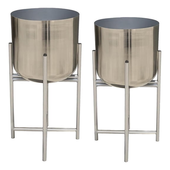 Aira Set of 2 Planters - 19- 22" Tall - Foldable Iron Stand - Nickel Finish
