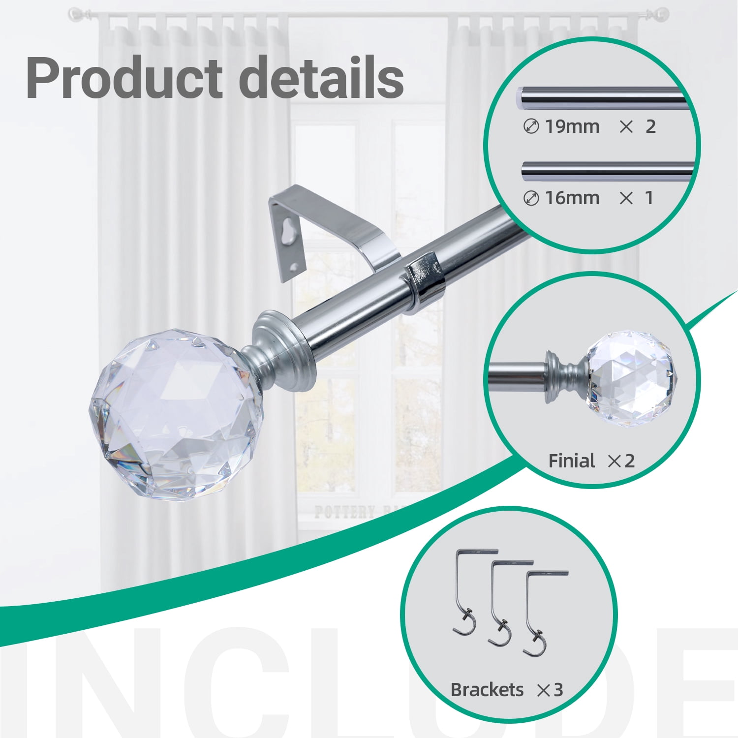 Curtain Rod Chrome Extendable Curtain Rod 36" to 72" Adjustable Curtain Rods Includes rods, ball finials, 3piece brackets, hardware kits