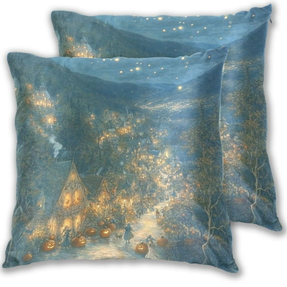 Halloween Pumpkins and Villages Throw Pillow Covers 16x16 Inch 2 Packs Decorative Square for Living Room Couch Bed Sofa
