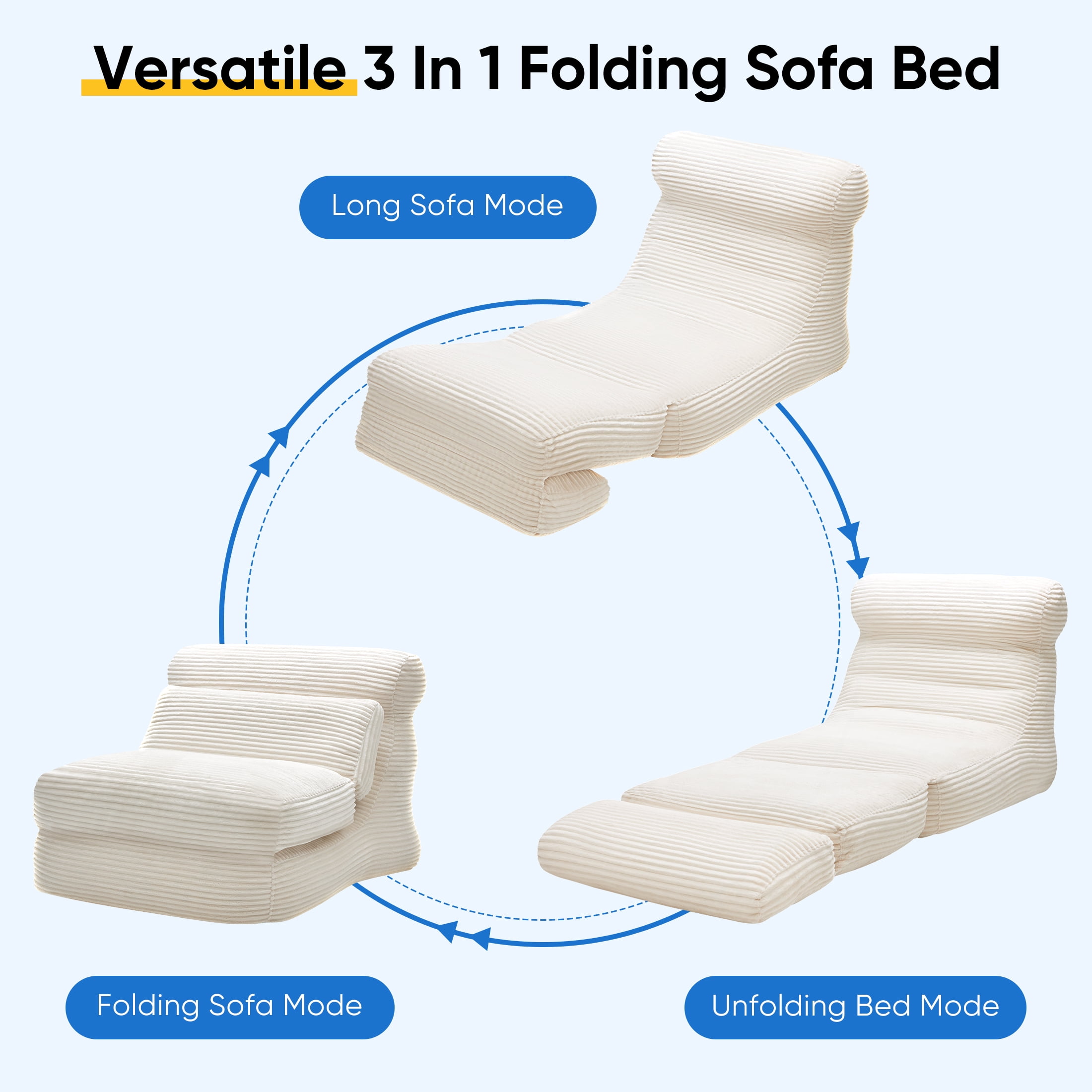 edx 3-in-1 Convertible Bean Bag Chair Bed, Multi-functional Floor Sofa with Back Support, Portable Lazy Lounger & Sleeper, High-Density Foam Gaming Chair for Adults, No Assembly, White