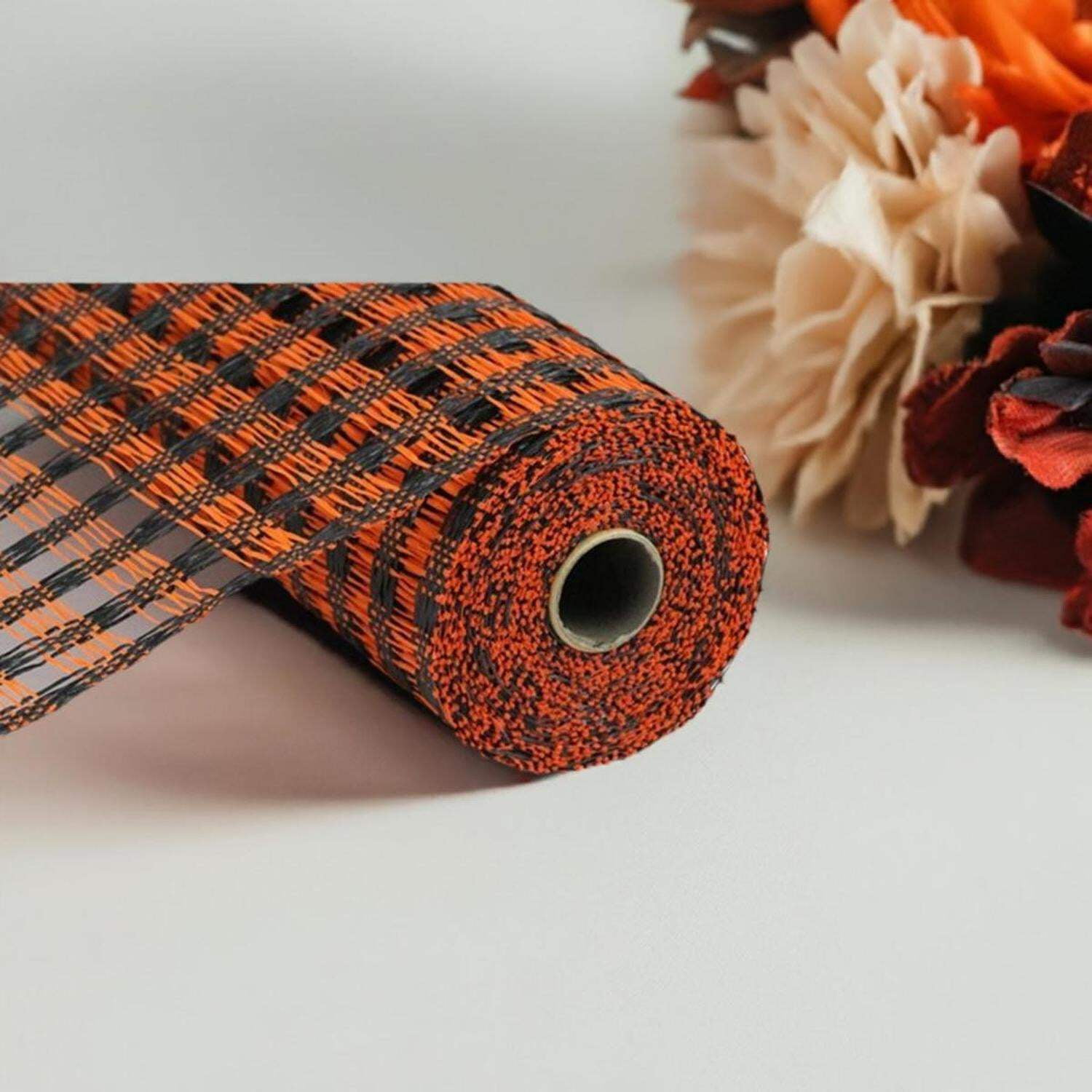 10" Poly Burlap Check Mesh Ribbon: Black  Orange (10 Yards)